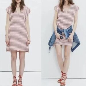 Madewell Vacances Striped Red White V-Neck Short Sleeve Dress